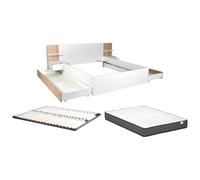 Vente-unique - Lit avec tiroirs 160 x 200 cm - avec 2 chevets et tablettes - Blanc et Naturel + Sommier + Matelas - KLYRANA
