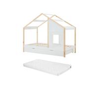 Vente-unique - Lit cabane 90 x 190 cm avec tiroir - Pin et MDF - Coloris : Blanc et Naturel + Matelas - RINELYA - pour Enfant