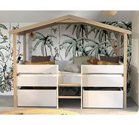 Lit cabane SAROSI avec tiroirs - 90 x 190 cm - Tilleul - Blanc et chêne + matelas