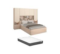 Vente-unique - Lit Coffre 140 x 190 cm avec Pont de lit - avec LEDs - Beige et Naturel + Matelas - VELONA
