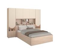 Vente-unique - Lit Coffre 140 x 190 cm avec Pont de lit - avec LEDs - Beige et Naturel - VELONA