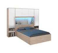 Vente-unique - Lit Coffre 140 x 190 cm avec Pont de lit - avec LEDs - Blanc Brillant et Naturel - VELONA