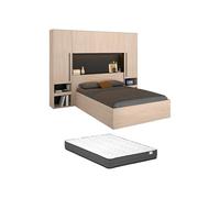 Vente-unique - Lit Coffre 140 x 190 cm avec Pont de lit - avec LEDs - Coloris : Naturel et Noir + Matelas - VELONA