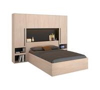 Vente-unique - Lit Coffre 140 x 190 cm avec Pont de lit - avec LEDs - Coloris : Naturel et Noir - VELONA