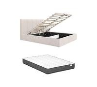 Lit coffre 140 x 190 cm avec tête de lit coutures verticales - Tissu - Beige - Avec matelas - KILACLO