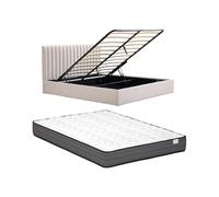 Vente-unique - Lit Coffre 140 x 190 cm - Tissu - Beige + Matelas - SARANELI