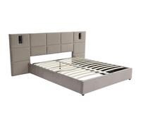 Lit coffre 160 x 200 cm avec tête de lit et lampe intégrée - Velours - Taupe - SARETO