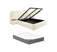 Vente-unique - Lit Coffre 180 x 200 cm avec chevets - Tissu Bouclette - Blanc + Matelas - ESTERIA de Maison Céphy