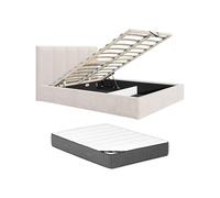 Vente-unique - Lit Coffre 200 x 200 cm avec tête de lit Coutures Verticales - Tissu - Beige - avec Matelas Premium - KILACLO