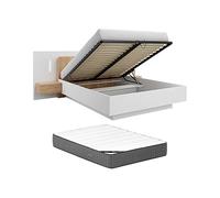 Vente-unique - Lit Coffre avec chevets 160 x 200 cm - 2 tiroirs - avec LEDs - Coloris : Blanc et Naturel + Matelas - FRANCOLI
