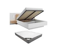 Vente-unique - Lit Coffre avec chevets 160 x 200 cm - 2 tiroirs - avec LEDs - Coloris : Blanc et Naturel + Matelas - FRANCOLI