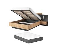 Vente-unique - Lit Coffre avec chevets 160 x 200 cm - 2 tiroirs - avec LEDs - Coloris : Naturel et Anthracite + Matelas - FRANCOLI
