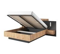 Lit coffre avec chevets 160 x 200 cm - 2 tiroirs - Avec LEDs - Coloris : Naturel et anthracite - FRANCOLI