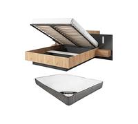 Vente-unique - Lit Coffre avec chevets 160 x 200 cm - 2 tiroirs - avec LEDs - Coloris : Naturel et Anthracite + Matelas - FRANCOLI