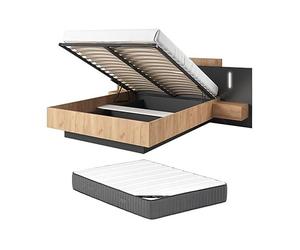 Vente-unique - Lit Coffre avec chevets 160 x 200 cm - 2 tiroirs - avec LEDs - Coloris : Naturel et Anthracite + Matelas Premium - FRANCOLI