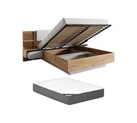 Vente-unique - Lit Coffre avec chevets 160 x 200 cm - avec LEDs - Coloris : Naturel et Blanc + Matelas Premium - ELYNIA