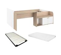 Vente-unique - Lit combiné 90 x 190/200 cm - Coloris : Naturel et Blanc + Sommier + Matelas - MIVONA -