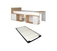 Lit combiné 90 x 200 cm avec bureau et rangements - Blanc et naturel + Sommier - PALOMA