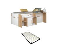 Lit combiné 90 x 200 cm avec bureau et rangements - Coloris : Blanc et naturel + Sommier - PEDRO