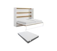 Lit escamotable 140 x 200 cm - Ouverture horizontale manuelle - Blanc et naturel + Matelas - RAPILI
