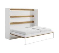 Vente-unique-Lit escamotable 140 x 200 cm - Ouverture Horizontale Manuelle - avec LEDs - Blanc et Naturel - RAPILI