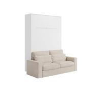Vente-unique-Lit escamotable 140 x 200 cm - Ouverture Verticale Manuelle - avec LEDs - Blanc + Canapé - RAPILI
