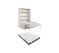 Vente-unique - Lit escamotable 140 x 200 cm - Ouverture Verticale Manuelle - avec LEDs - Blanc et Naturel + Canapé + Matelas - RAPILI
