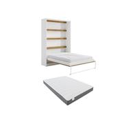 Vente-unique - Lit escamotable 140 x 200 cm - Ouverture Verticale Manuelle - avec LEDs - Blanc et Naturel + Matelas - RAPILI