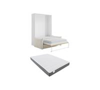 Lit escamotable 140 x 200 cm - Ouverture verticale manuelle - Coloris : Naturel et blanc + Matelas + Canapé en tissu bouclette beige - BEGANIO