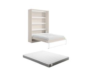 Vente-unique - Lit escamotable 160 x 200 cm - Ouverture Verticale Manuelle - avec LEDs - Beige + Matelas - RAPILI