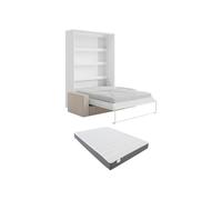 Vente-unique - Lit escamotable 160 x 200 cm - Ouverture Verticale Manuelle - avec LEDs - Blanc et Naturel + Canapé en Velours côtelé Beige + Matelas - RAPILI