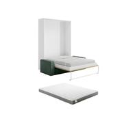 Vente-unique - Lit escamotable 160 x 200 cm - Ouverture Verticale Manuelle - Coloris : Naturel et Blanc + Matelas + Canapé Vert- BEGANIO