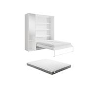 Vente-unique - Lit escamotable Vertical 140 x 200 cm - 1 Colonne de Rangement - avec Miroir et LEDs - Blanc + Matelas - RAPILI
