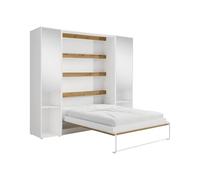 Vente-unique - Lit escamotable Vertical 140 x 200 cm - 2 colonnes de Rangement - avec miroirs et LEDs - Blanc et Naturel - RAPILI