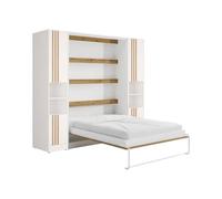 Vente-unique - Lit escamotable Vertical 140 x 200 cm - 2 colonnes de Rangement - avec tasseaux et LEDs - Blanc et Naturel - RAPILI