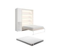 Vente-unique - Lit escamotable Vertical 160 x 200 cm - 1 Colonne de Rangement - avec LEDs - Beige + Matelas - RAPILI