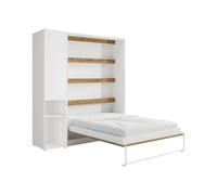 Vente-unique - Lit escamotable Vertical 160 x 200 cm - 1 Colonne de Rangement - avec LEDs - Blanc et Naturel - RAPILI