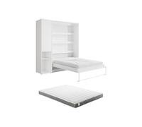 Vente-unique - Lit escamotable Vertical 160 x 200 cm - 1 Colonne de Rangement - avec LEDs - Blanc + Matelas - RAPILI
