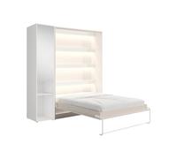 Vente-unique - Lit escamotable Vertical 160 x 200 cm - 1 Colonne de Rangement - avec Miroir et LEDs - Beige - RAPILI