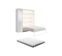 Vente-unique - Lit escamotable Vertical 160 x 200 cm - 1 Colonne de Rangement - avec Miroir et LEDs - Beige + Matelas - RAPILI