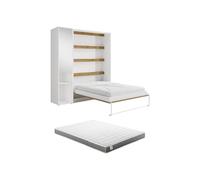 Vente-unique - Lit escamotable Vertical 160 x 200 cm - 1 Colonne de Rangement - avec Miroir et LEDs - Blanc et Naturel + Matelas - RAPILI