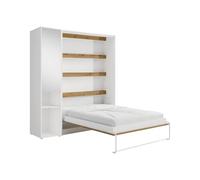 Vente-unique - Lit escamotable Vertical 160 x 200 cm - 1 Colonne de Rangement - avec Miroir et LEDs - Blanc et Naturel - RAPILI