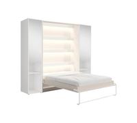 Vente-unique - Lit escamotable Vertical 160 x 200 cm - 2 colonnes de Rangement - avec miroirs et LEDs - Beige - RAPILI