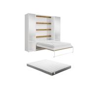 Lit escamotable vertical 160 x 200 cm - 2 colonnes de rangement - Avec miroirs et LEDs - Blanc et naturel + Matelas - RAPILI