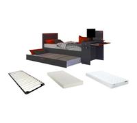 Vente-unique - Lit gigogne Gamer 90 x 200 et 90 x 190 cm - avec Bureau - LEDs - Anthracite et Rouge + Matelas + Sommier - VOUANI - pour Enfant