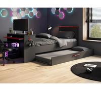 Vente-unique - Lit gigogne gamer2 x 90 x 200 cm - avec Bureau - LEDs - Anthracite et Rouge + Sommier - VOUANI - pour Enfant