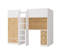 Lit mezzanine 90 x 190 cm avec armoire et bureau - Blanc et naturel - CINAMO
