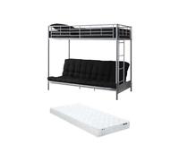 Vente-unique - Lit Mezzanine 90 x 190 cm - avec Banquette Convertible - Métal - Argent + Futon + Matelas - MODULO V - pour Enfant