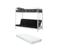 Vente-unique - Lit Mezzanine 90 x 190 cm - avec Banquette Convertible - Métal - Blanc + Futon + Matelas - MODULO V - pour Enfant