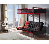 Vente-unique - Lit Mezzanine 90 x 190 cm - avec Banquette Convertible - Métal - Noir et Rouge + Futon - MODULO V - pour Enfant